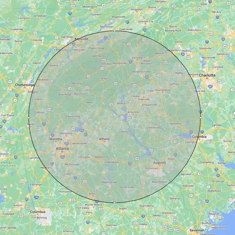 Service area map showing 120 mile radius around Lavonia, Georgia